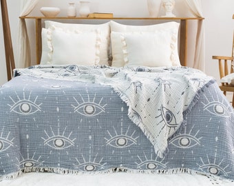 Evil Eye Muslin King Blanket: Reversible Cotton Bedspread, Lightweight Throw