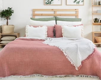 Terracotta Gauze Blanket: 100% Cotton Muslin Bedspread with Fringe