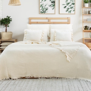 100% Cotton Blanket Throw, Soft Organic Muslin Blanket, Natural Ivory Bedspread, Turkish Bed Cover, Reversible Coverlet