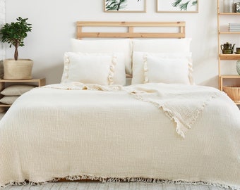 Organic Muslin Cotton Blanket Throw: Natural Ivory Reversible Bedspread