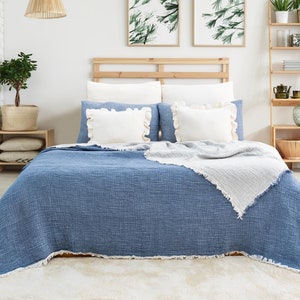 Turkish Cotton Soft Blanket 4 Layers Muslin Bedspread Dark Blue Sofa Throw Reversible Coverlet Bed Cover