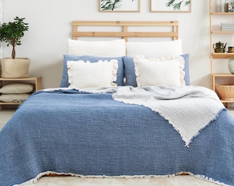 Turkish Cotton Muslin Blanket: Dark Blue 4-Layer Bedspread, Reversible Sofa Throw