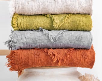 King Size Muslin Cotton Bedspread: Waffle Boho Pique Blanket