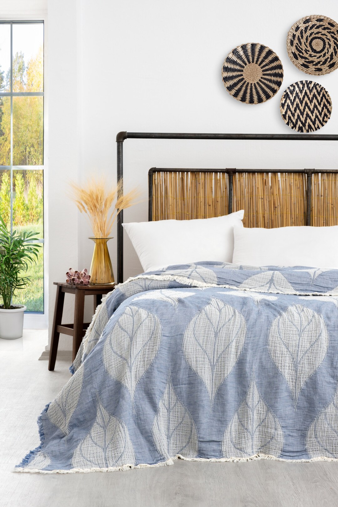 4 Layers 100 Cotton Muslin Blanket King Blue Bedspread Soft Jacquard Big Leaf Reversible