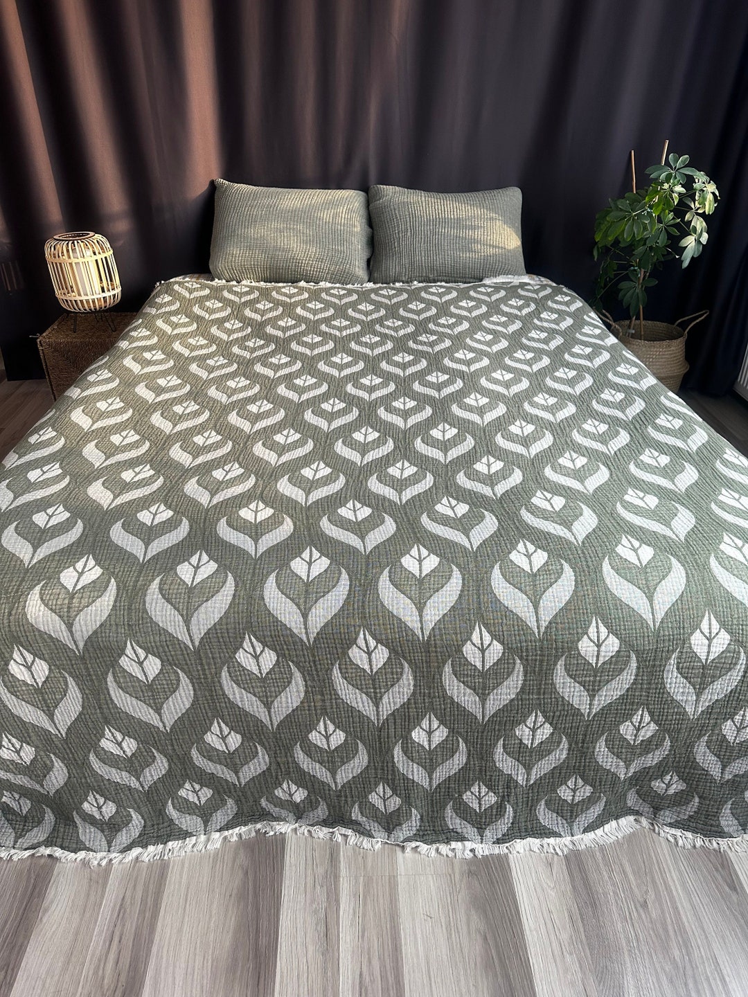 100 Cotton Blanket King Size Muslin Bedspread Green Jacquard Leaf