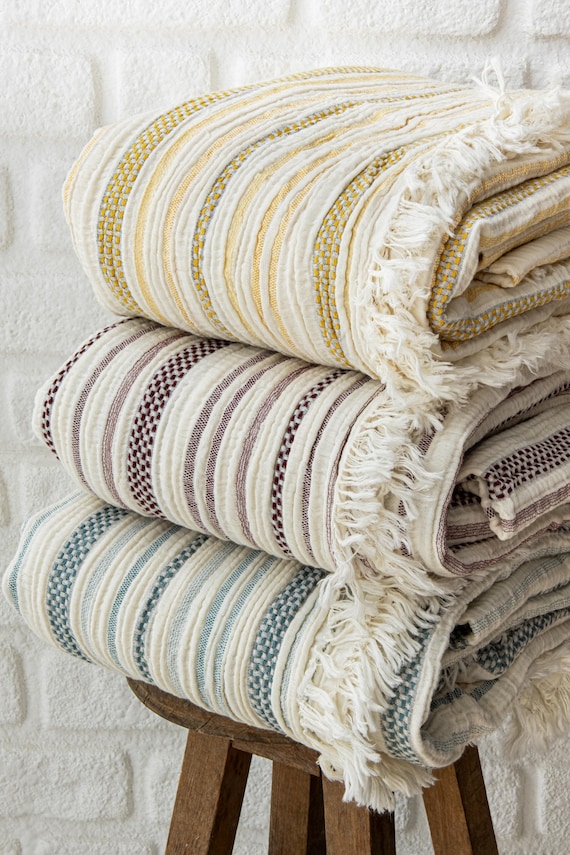 Striped Muslin Blanket Twin and Queen Size – 100% Cotton Bedspread