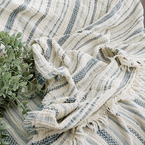 Pu&ograve; includere: Una coperta color crema con strisce blu e frange. La coperta &egrave; drappeggiata su una sedia, con un aspetto morbido e strutturato. Il design presenta strisce blu alternate, a tinta unita e fantasia. Una pianta verde &egrave; nell'angolo.