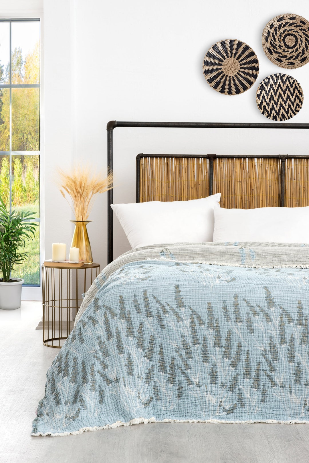 4 Layers 100 Cotton Muslin Blanket King Size Lavender Bedspread Blue