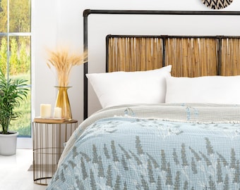 King Size Muslin Cotton Blanket: 4-Layer Jacquard Lavender Bedspread