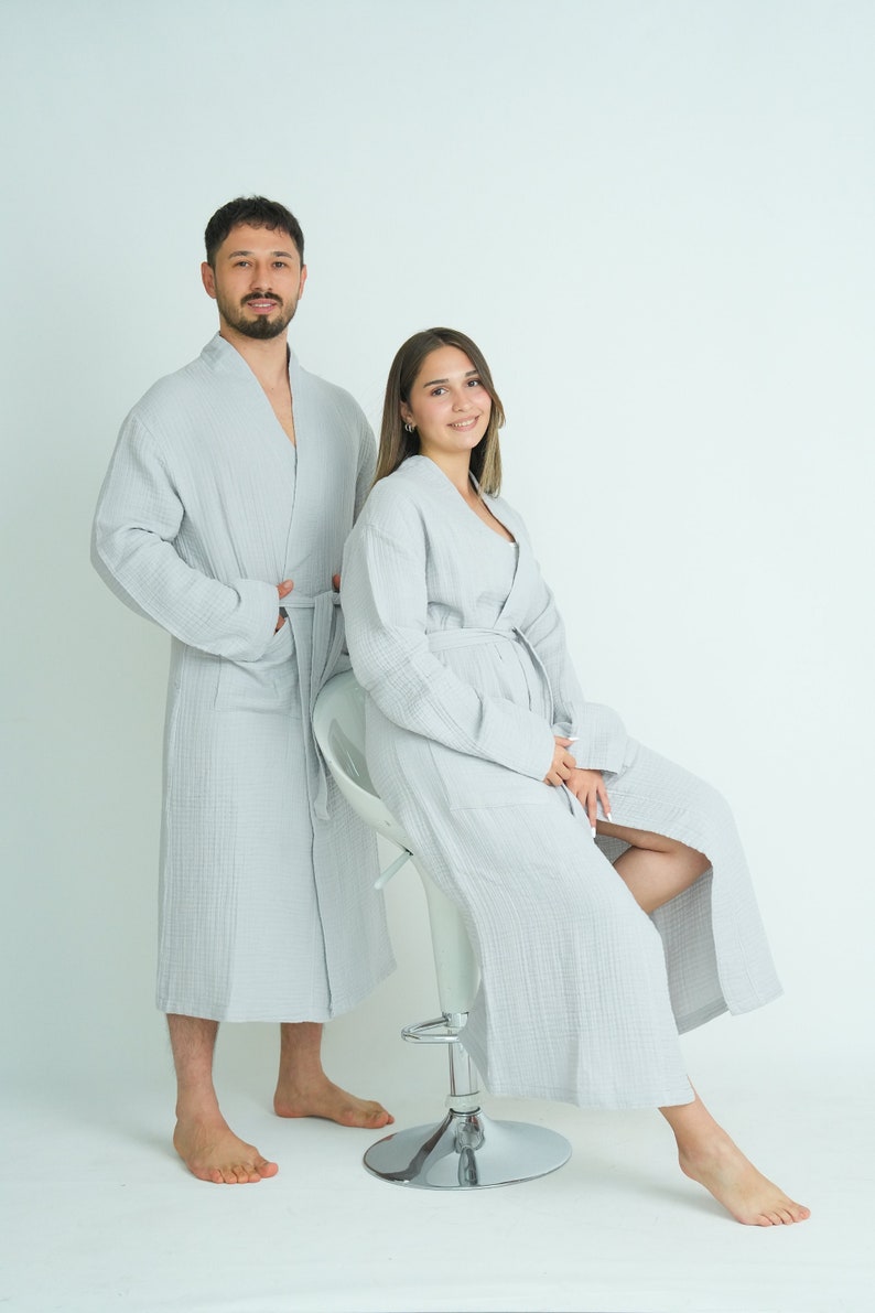 Muslin Kimono Robe, Robes for Women,Pure Cotton Bathrobe, Lightweight Dressing Gown,Soft Bathrobe, Turkish Luxury Bathrobe Pocket image 1