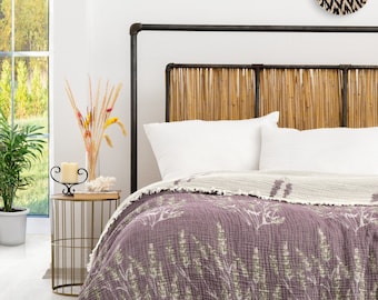 Manta de muselina 100 % algodón - Cubrecama tamaño king en 4 colores - Colcha reversible jacquard lavanda