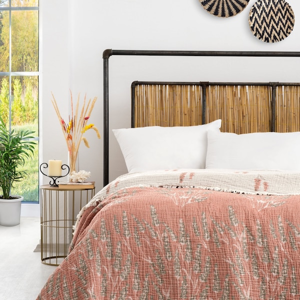 Manta de muselina color terracota tamaño king: colcha de jacquard de algodón de 4 capas