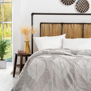 Muslin Blanket King Organic Cotton Bedspread Gray, Jacquard Reversible Bed Cover Coverlet  95&quot;x102&#39;&#39; 240x260cm