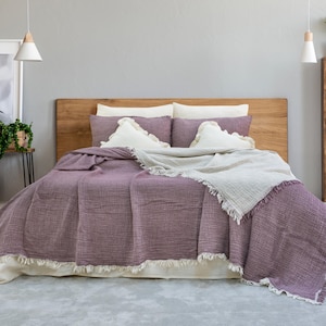 100% Cotton Bedspread, Muslin Throw Blanket Plum Purple Soft Bed Cover, Reversible Coverlet