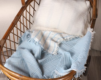 100% Cotton Baby Blanket, 4 Layers Gauze Stroller Blanket, Soft Baby Muslin Blanket, Striped Baby Blue Blanket Toddler 40''x47'' 100x120cm