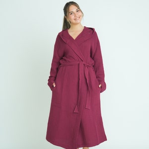 Hooded Long Muslin Robe, Organic Cotton Bathrobe, Burgundy Robe, Cozy Dressing Gown, Turkish Sauna Robe, Gauze Kimono Pocket image 3
