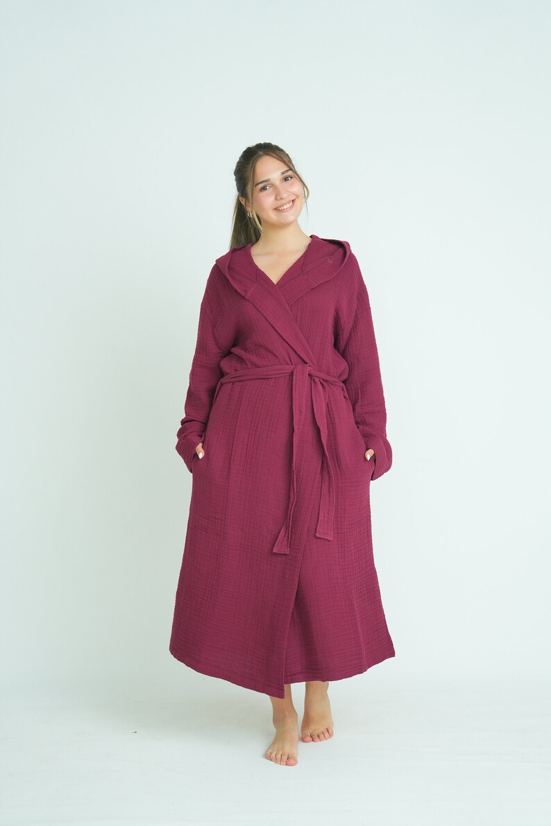 Hooded Long Muslin Robe, Organic Cotton Bathrobe, Burgundy Robe, Cozy Dressing Gown, Turkish Sauna Robe, Gauze Kimono Pocket image 3