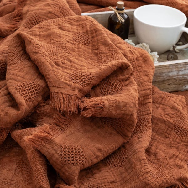 Cinnamon Waffle Muslin Blanket: King Size 100% Cotton Boho Bedspread