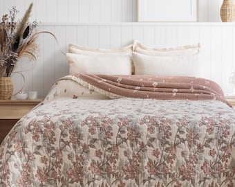 Sakura Flower Muslin Comforter King Size | Reversible Lightweight Cotton Bedspread