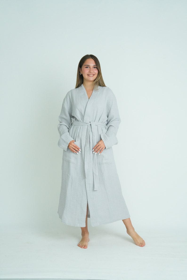 Muslin Kimono Robe, Robes for Women,Pure Cotton Bathrobe, Lightweight Dressing Gown,Soft Bathrobe, Turkish Luxury Bathrobe Pocket image 2