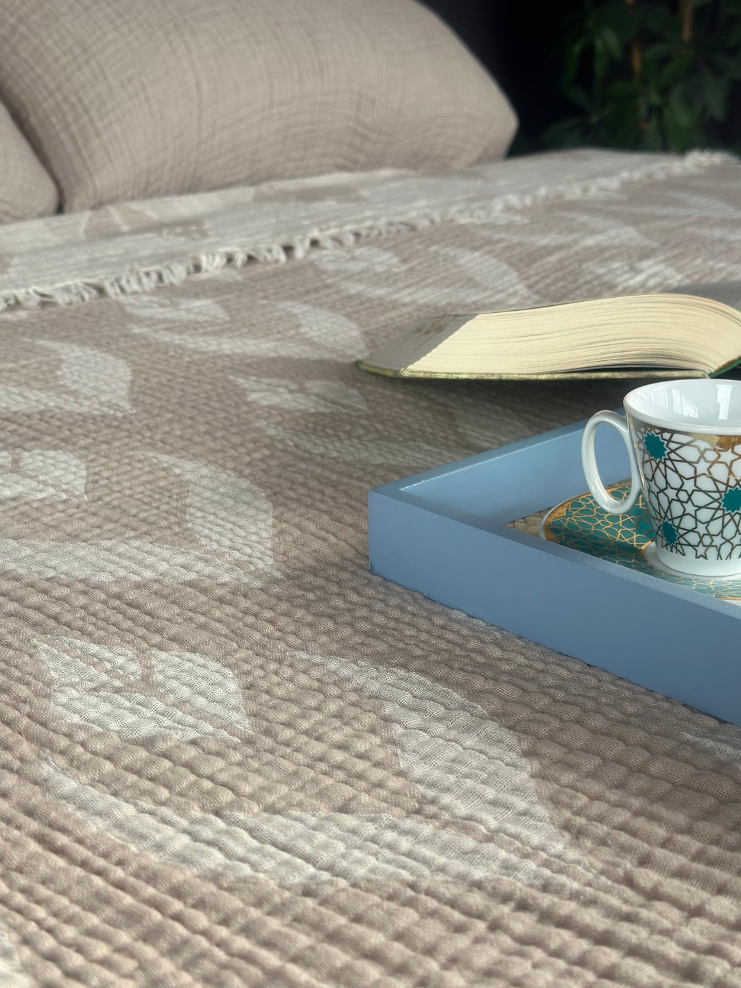 100 Cotton Muslin Blanket King Size Bedspread Beige Soft Jacquard