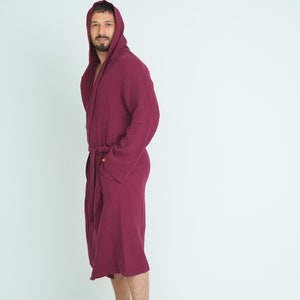 Hooded Long Muslin Robe, Organic Cotton Bathrobe, Burgundy Robe, Cozy Dressing Gown, Turkish Sauna Robe, Gauze Kimono Pocket image 8