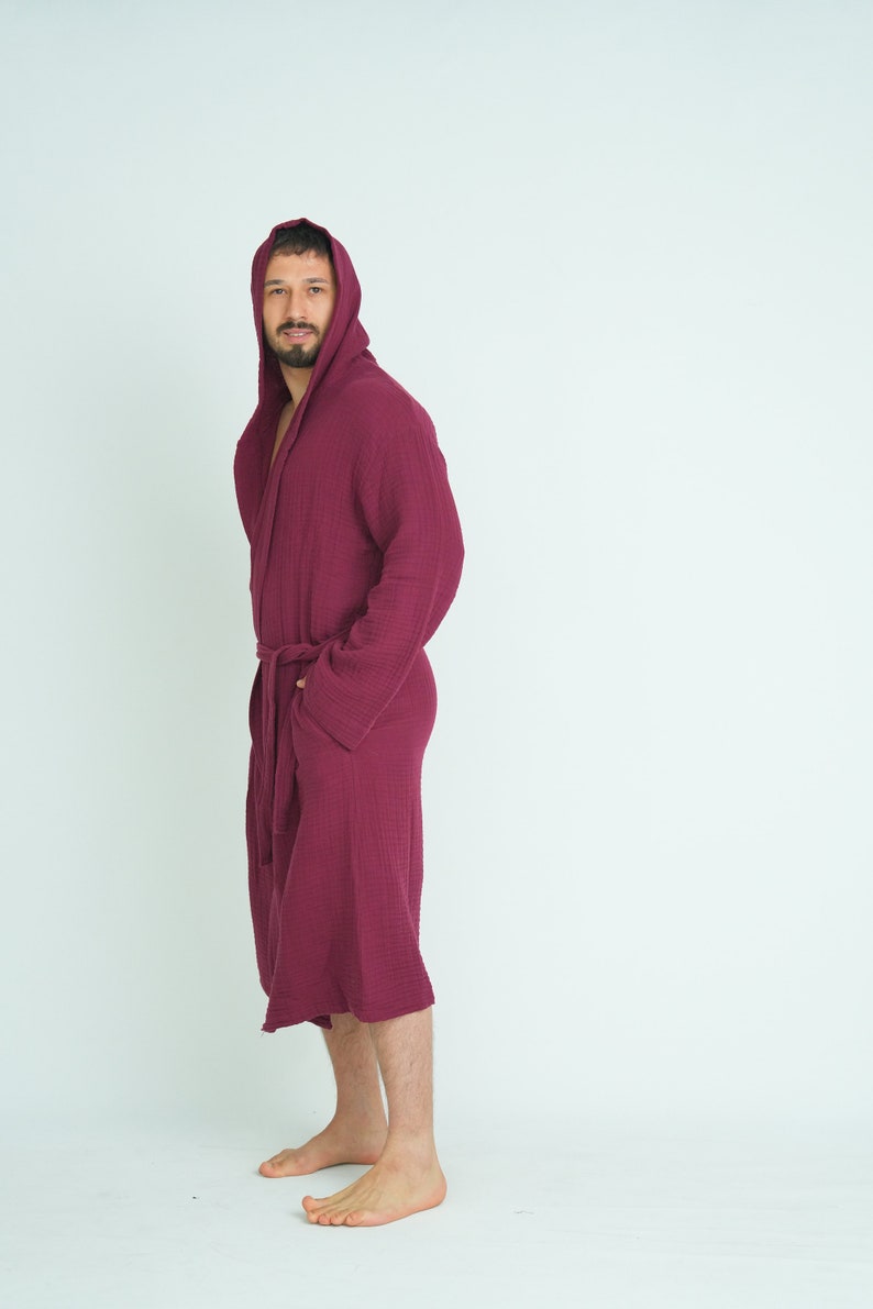 Hooded Long Muslin Robe, Organic Cotton Bathrobe, Burgundy Robe, Cozy Dressing Gown, Turkish Sauna Robe, Gauze Kimono Pocket image 8