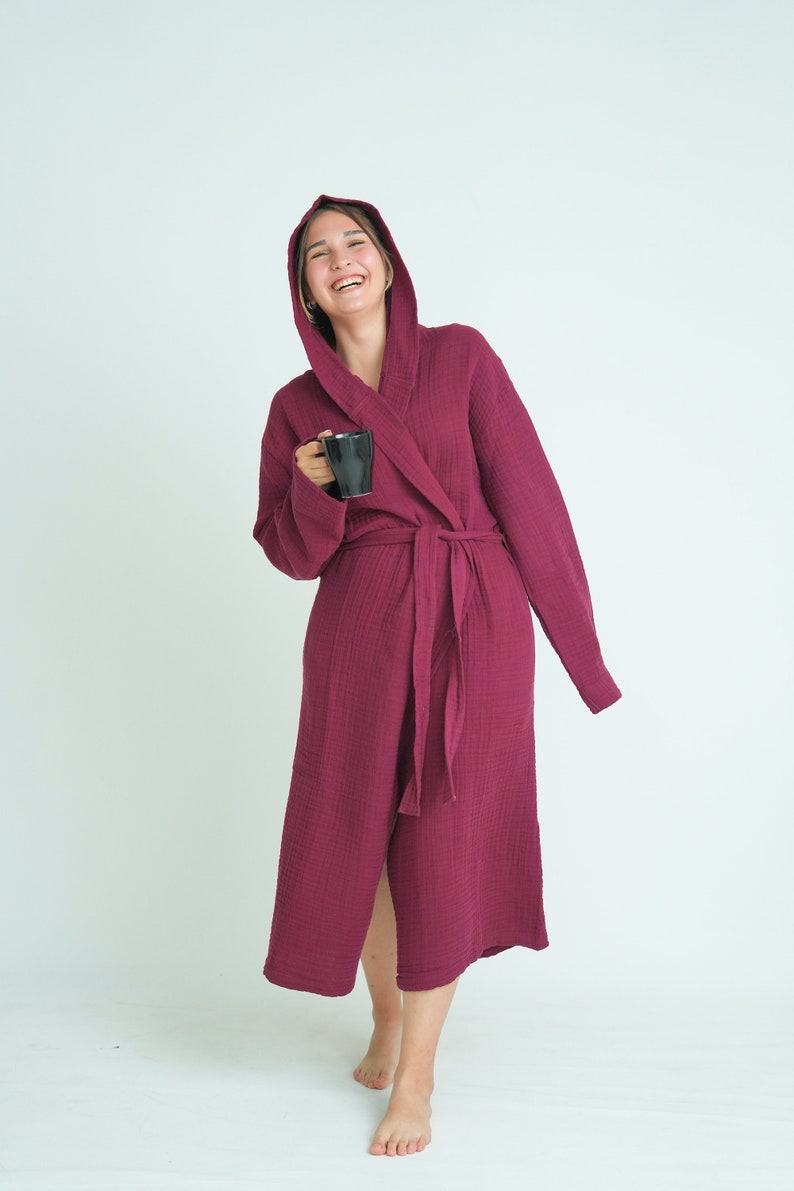 Hooded Long Muslin Robe, Organic Cotton Bathrobe, Burgundy Robe, Cozy Dressing Gown, Turkish Sauna Robe, Gauze Kimono Pocket image 1