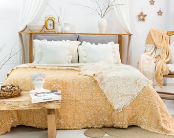 Mustard Muslin Cotton Bedspread: Aztec Gauze Blanket with Fringes