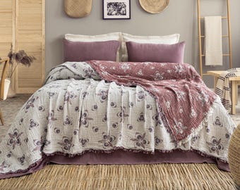 King Size Chintemani Muslin Bedspread: 100% Cotton Boho Blanket