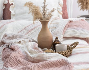 Striped Muslin Blanket Queen Size: 4-Layer Cotton Gauze Bedspread with Different Colors