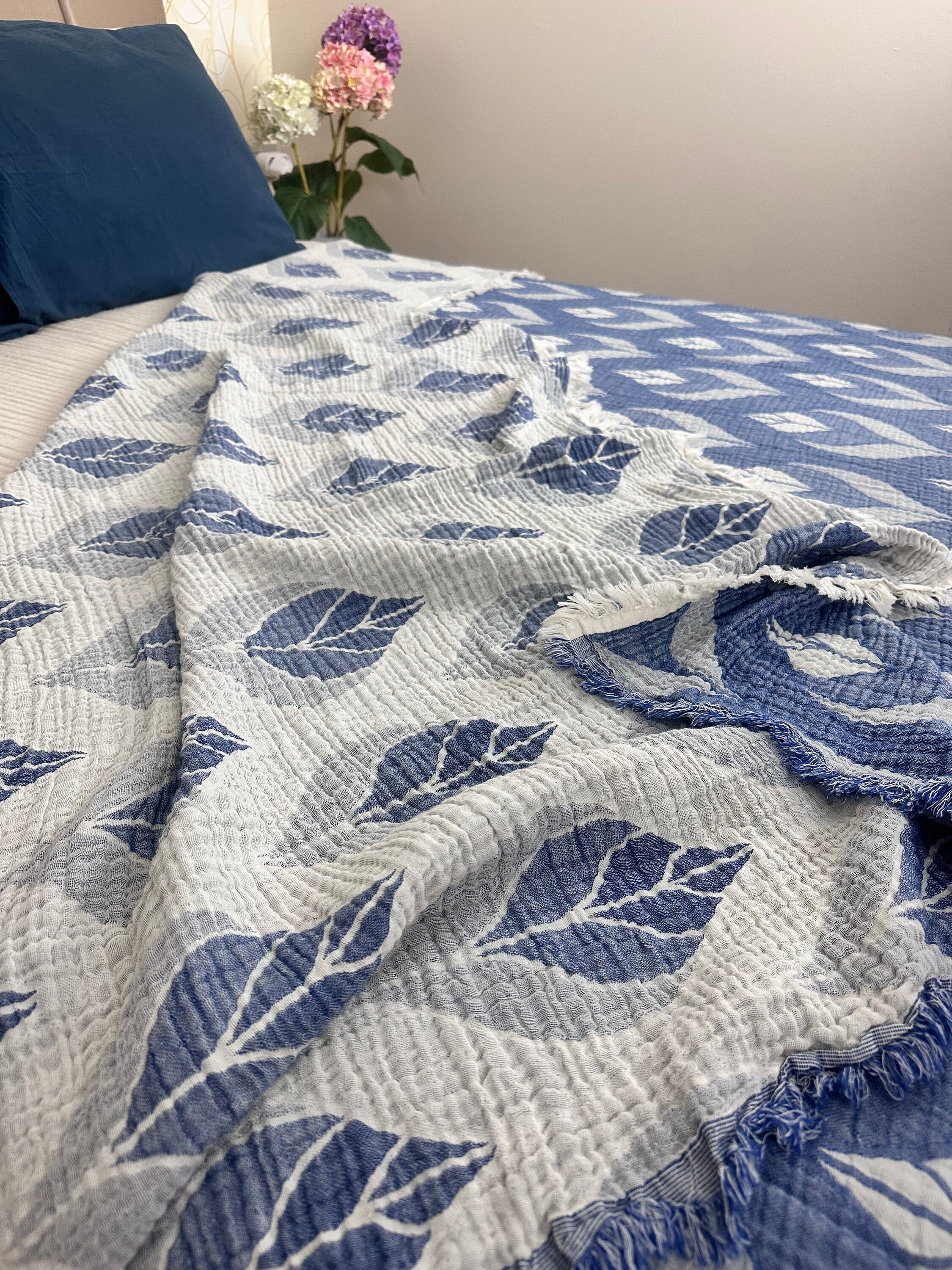 100 Cotton Muslin Blanket King Size Bedspread Blue Soft Etsy