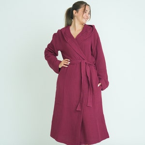 Hooded Long Muslin Robe, Organic Cotton Bathrobe, Burgundy Robe, Cozy Dressing Gown, Turkish Sauna Robe, Gauze Kimono Pocket image 7