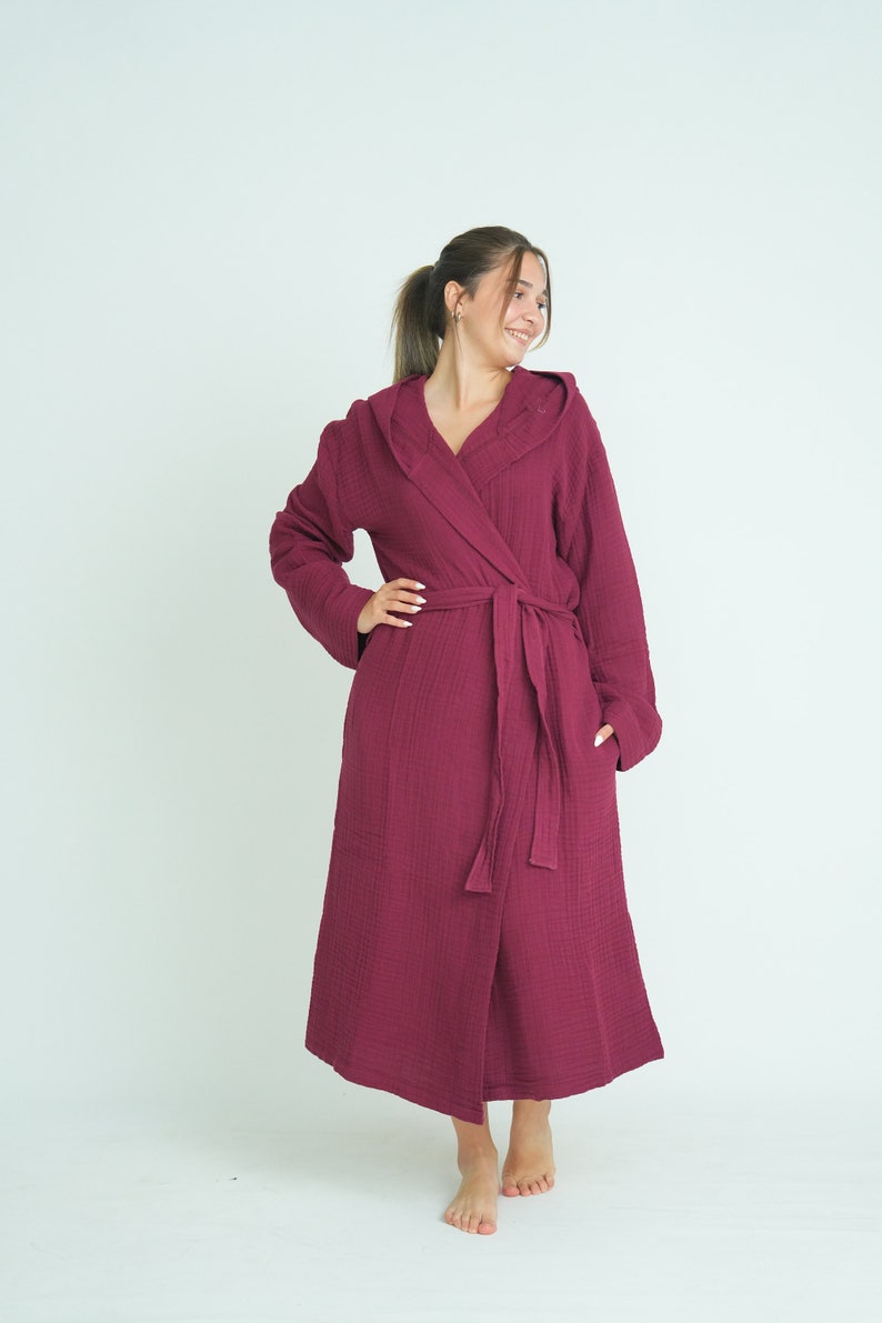 Hooded Long Muslin Robe, Organic Cotton Bathrobe, Burgundy Robe, Cozy Dressing Gown, Turkish Sauna Robe, Gauze Kimono Pocket image 7