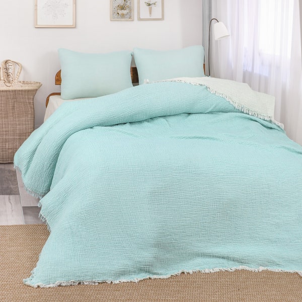 Gauze Bedspread,100% Cotton Blanket, Mint Green Coverlet, 4 Layers Muslin Blanket, Twin Full Queen King Bed Cover