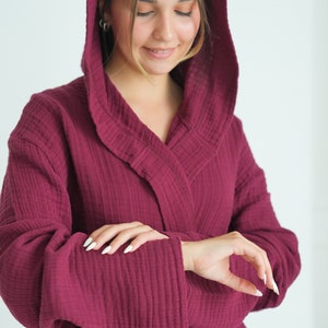Hooded Long Muslin Robe, Organic Cotton Bathrobe, Burgundy Robe, Cozy Dressing Gown, Turkish Sauna Robe, Gauze Kimono Pocket image 6