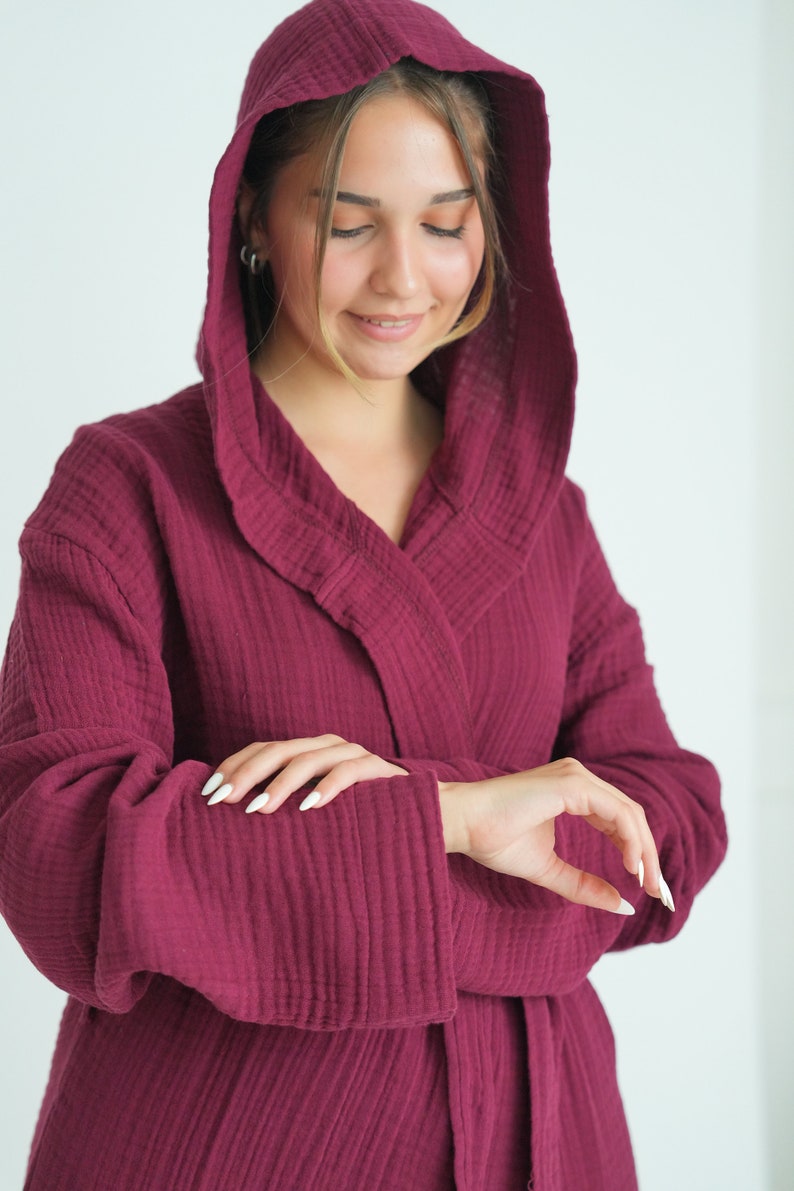 Hooded Long Muslin Robe, Organic Cotton Bathrobe, Burgundy Robe, Cozy Dressing Gown, Turkish Sauna Robe, Gauze Kimono Pocket image 6