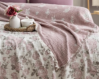 King Size Muslin Rose Blanket – Reversible Floral Cotton Bedspread