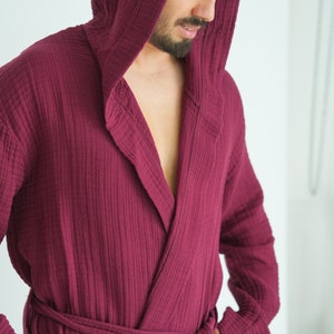 Hooded Long Muslin Robe, Organic Cotton Bathrobe, Burgundy Robe, Cozy Dressing Gown, Turkish Sauna Robe, Gauze Kimono Pocket image 2