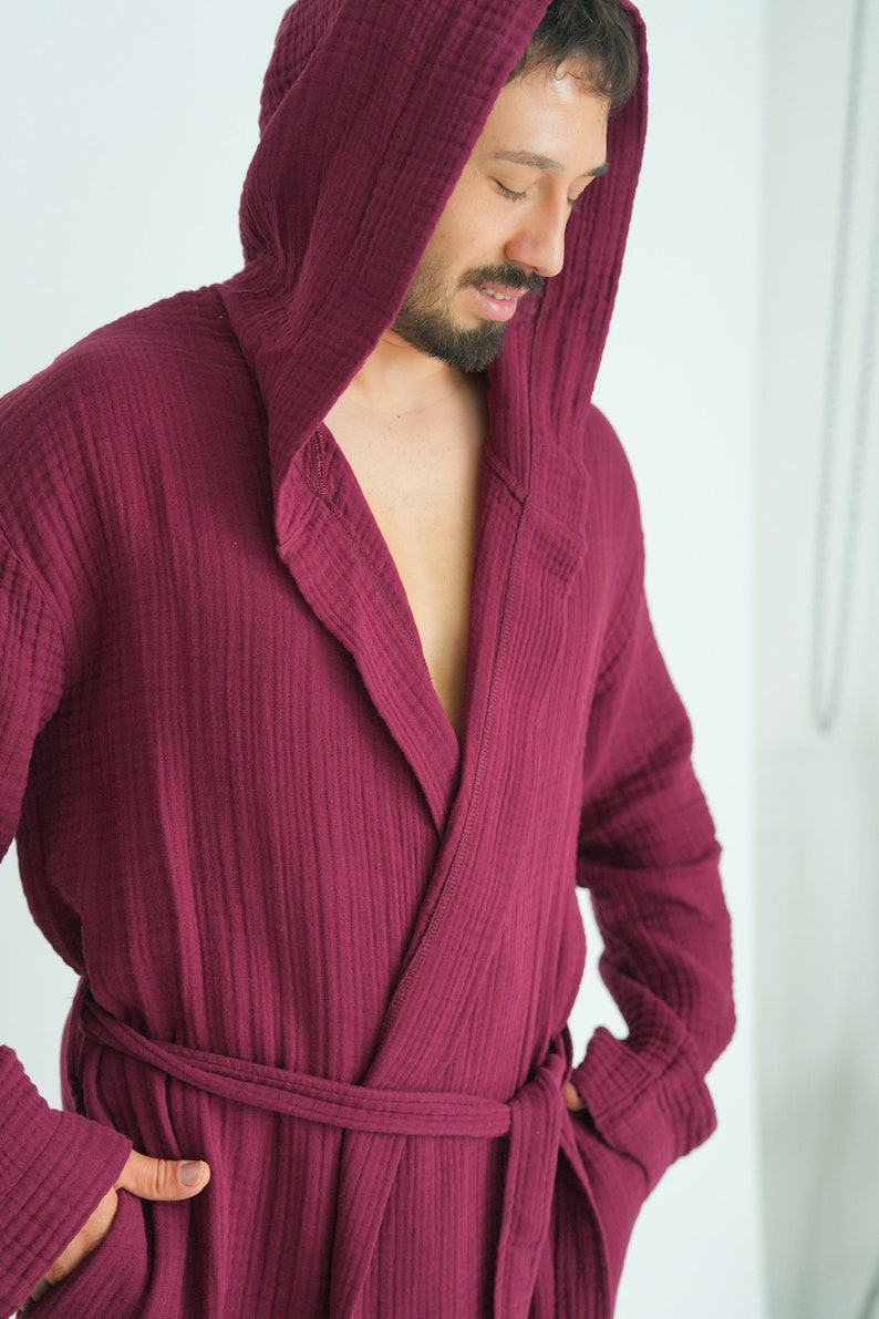 Hooded Long Muslin Robe, Organic Cotton Bathrobe, Burgundy Robe, Cozy Dressing Gown, Turkish Sauna Robe, Gauze Kimono Pocket image 2