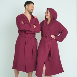 Hooded Long Muslin Robe, Organic Cotton Bathrobe, Burgundy Robe, Cozy Dressing Gown, Turkish Sauna Robe, Gauze Kimono Pocket image 4