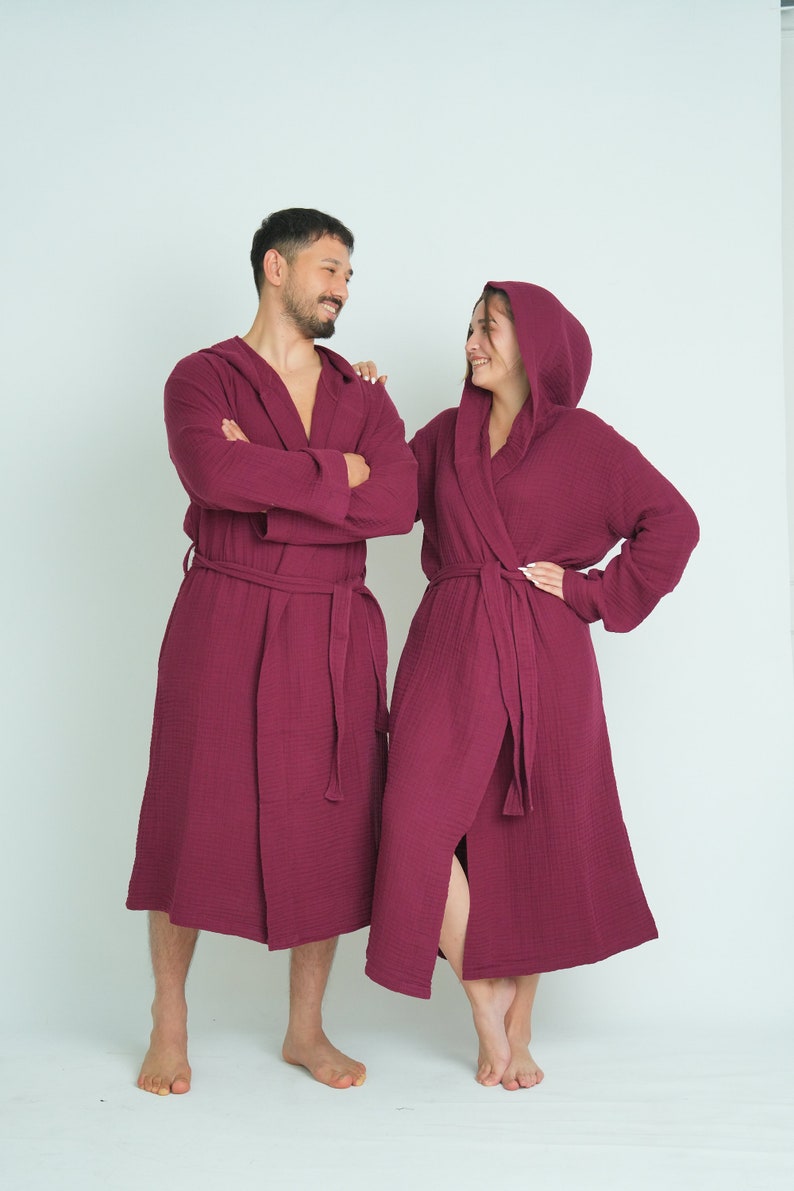 Hooded Long Muslin Robe, Organic Cotton Bathrobe, Burgundy Robe, Cozy Dressing Gown, Turkish Sauna Robe, Gauze Kimono Pocket image 4