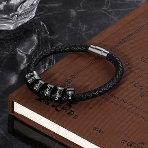 Pulsera para papá: Pulsera de cuero personalizada hecha a mano con colgante personalizado - Experiencia definitiva de regalo para el día del padre y el marido - Negro / Plata