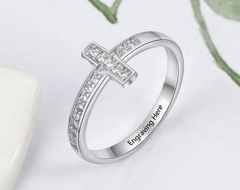 Anello con croce in argento sterling, anello con crocifisso in zirconi cubici per donna, gioiello religioso da regalare