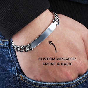Pulseira masculina com nome – pulseira com barra de identificação gravável – pulseira com corrente – pulseira masculina prata – pulseira para o dia dos pais com nomes