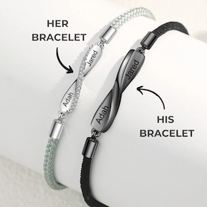 Pulseras magnéticas para parejas: pulseras a juego en plata y negro, dos nombres grabados, pulsera de larga distancia, regalos para parejas - Pulsera Bond