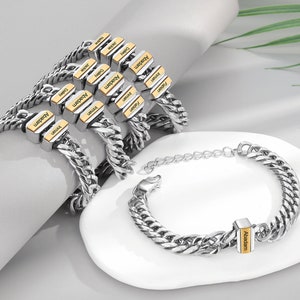Pulseras para hombre - Pulseras de plata y oro para hombre - Pulseras de eslabones cubanos personalizadas para hombre - Pulsera con nombre personalizado para hombre - Pulsera grabada para hombre