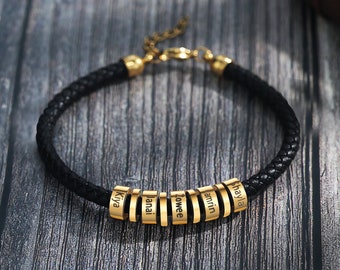 Gold & Black Bracelet: Guys Bracelet - Custom Mens Name Bracelet - Mens Leather Bracelet, Mens Beaded Bracelet, Mens Engraved Bracelet