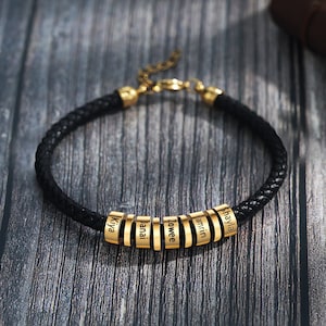 Pulsera de oro y negro: pulsera para chicos - pulsera personalizada con nombre para hombre - pulsera de cuero para hombre, pulsera con cuentas para hombre, pulsera grabada para hombre