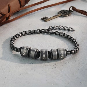 Pulsera con nombre para hombres: pulsera personalizada para papá con nombres, pulsera para el día del padre, pulsera negra, cadena ajustable, 2-5 nombres de niños, joyería para hombres
